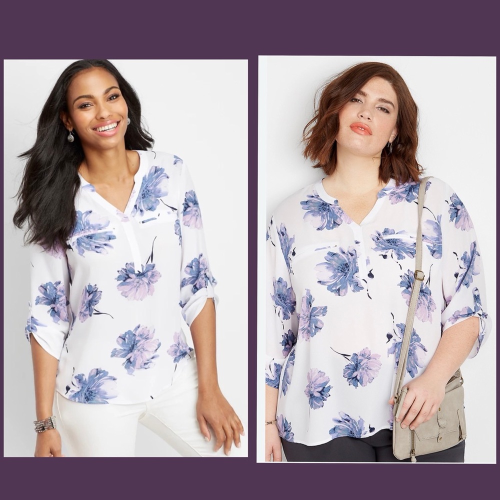 Maurice’s  XXL - Floral V-Neck High-Low Blouse in White and Lavender